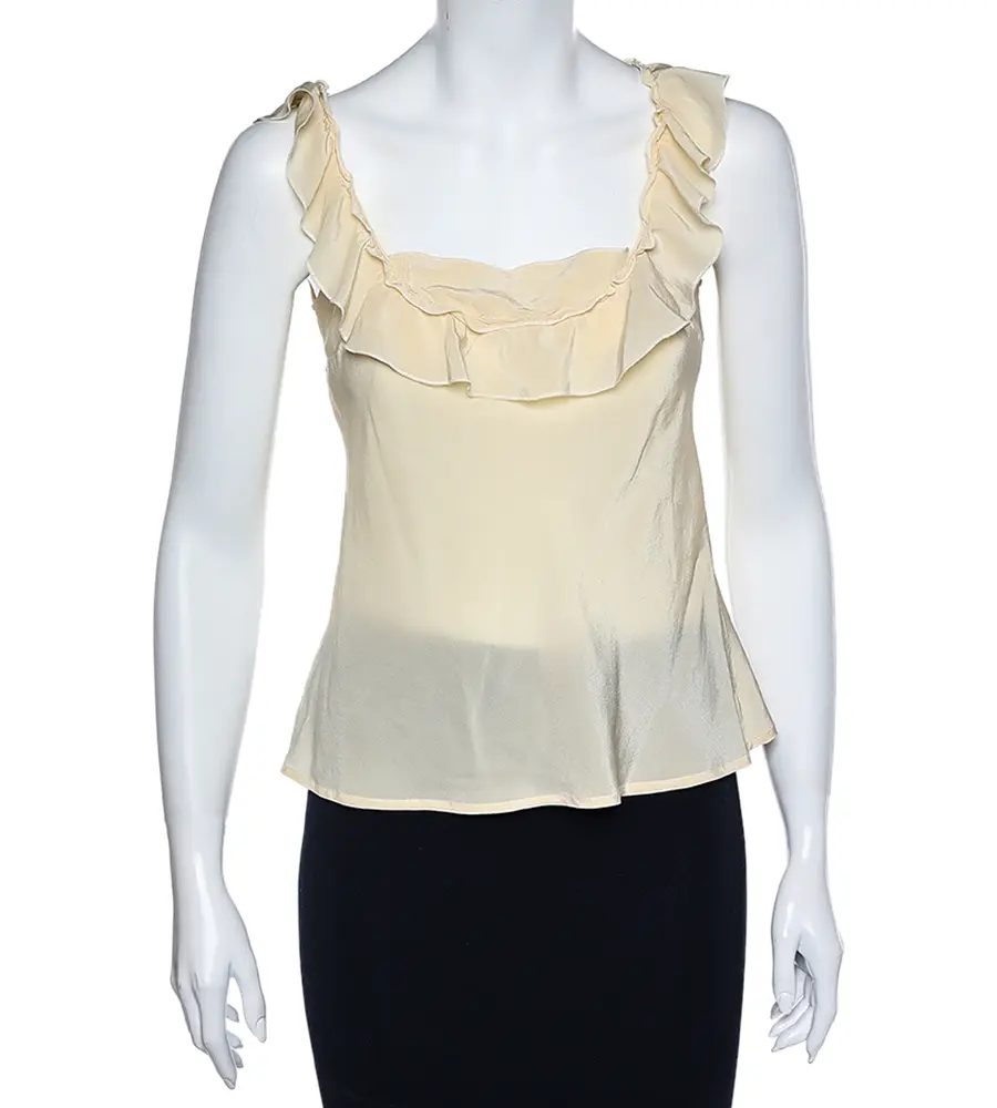 Love Moschino Cream Silk Ruffled Neck Sleeveless Top S