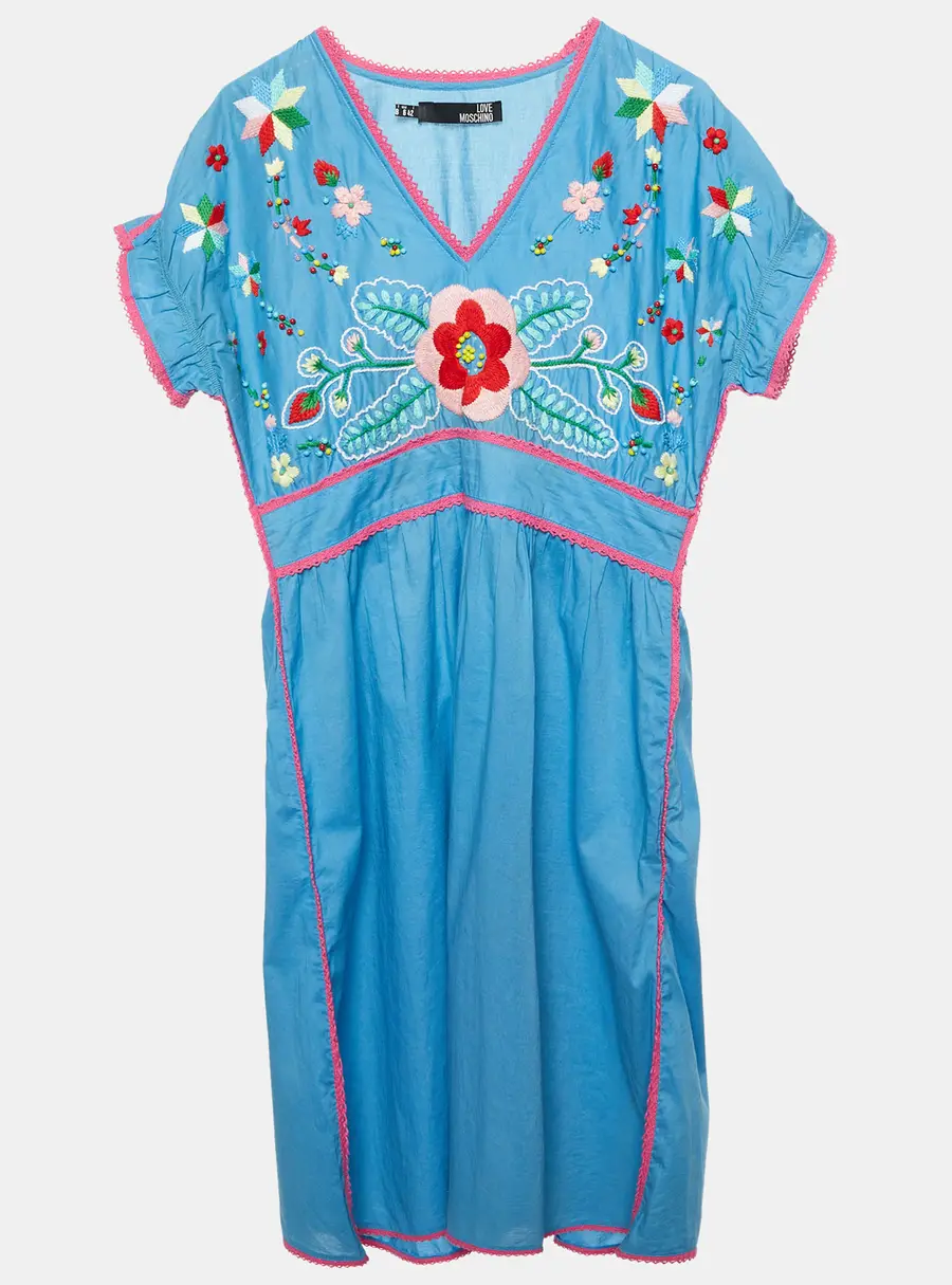 Love Moschino Blue Floral Embroidered Cotton V-Neck Dress M