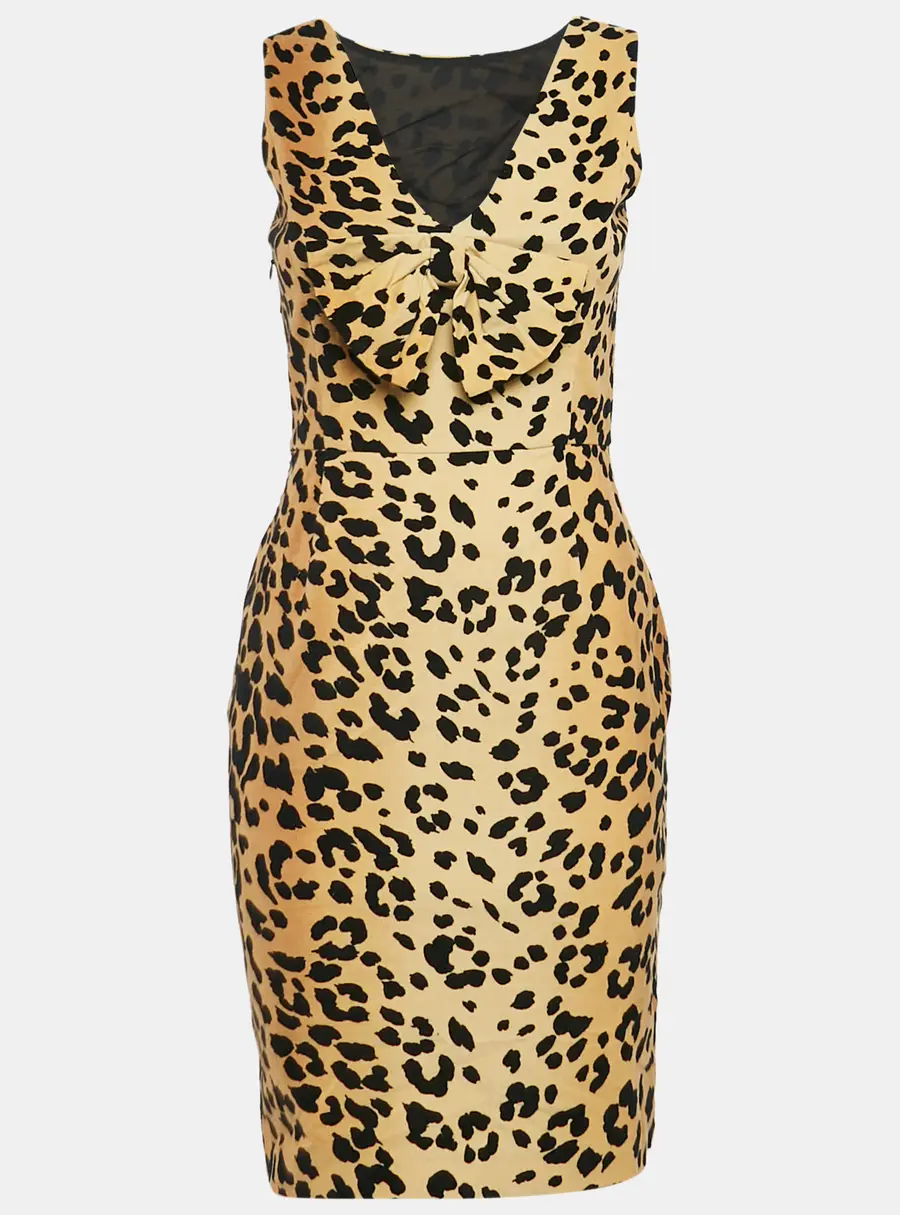 Love Moschino Brown Leopard Print Velour Bow Detail Short Dress S