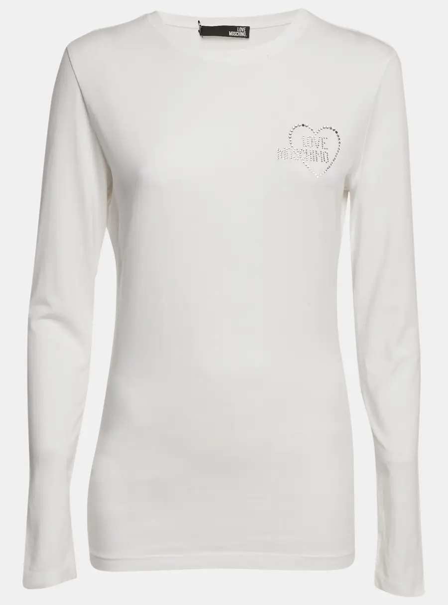 Love Moschino White Logo Rhinestone Jersey Long Sleeve T-Shirt M