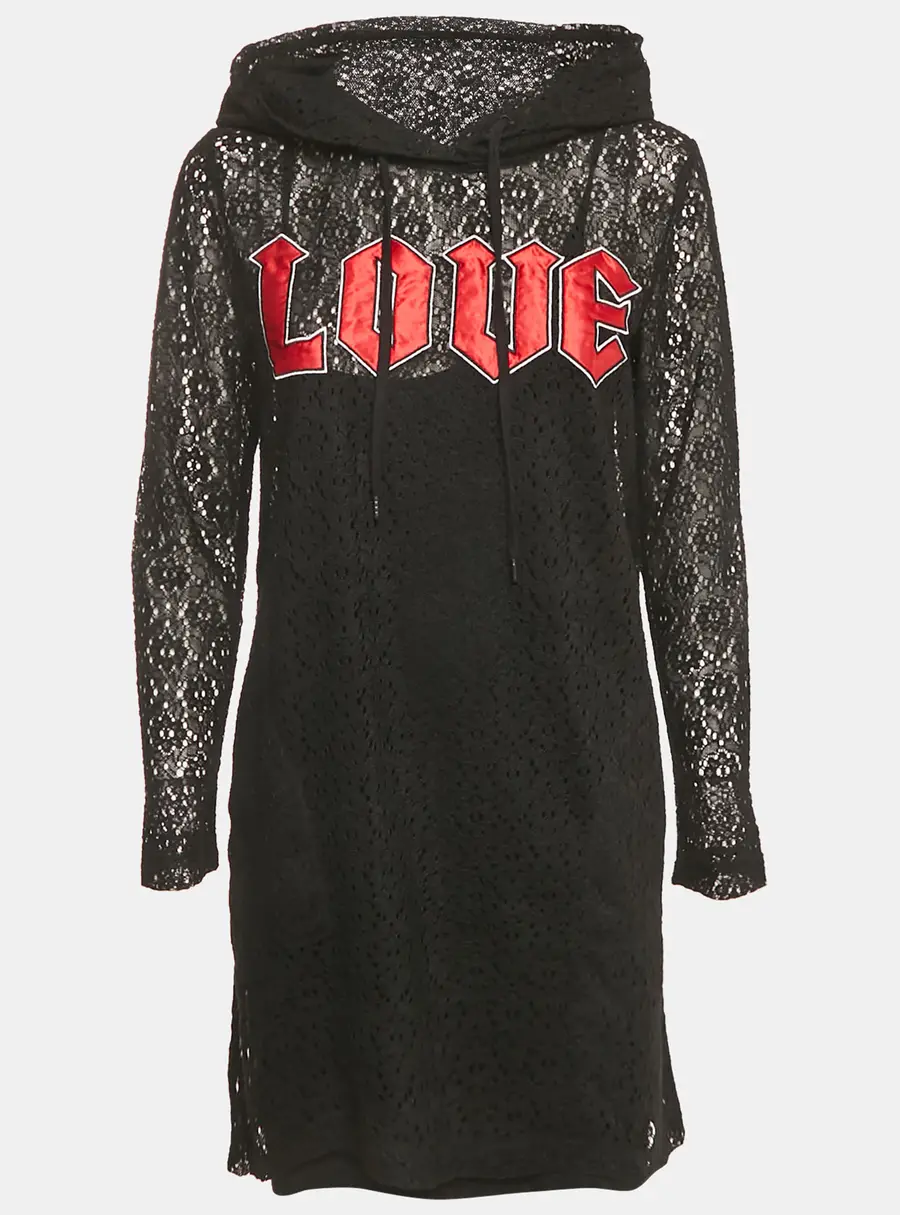 Love Mocshino Black Love Applique Mesh Hooded Dress M
