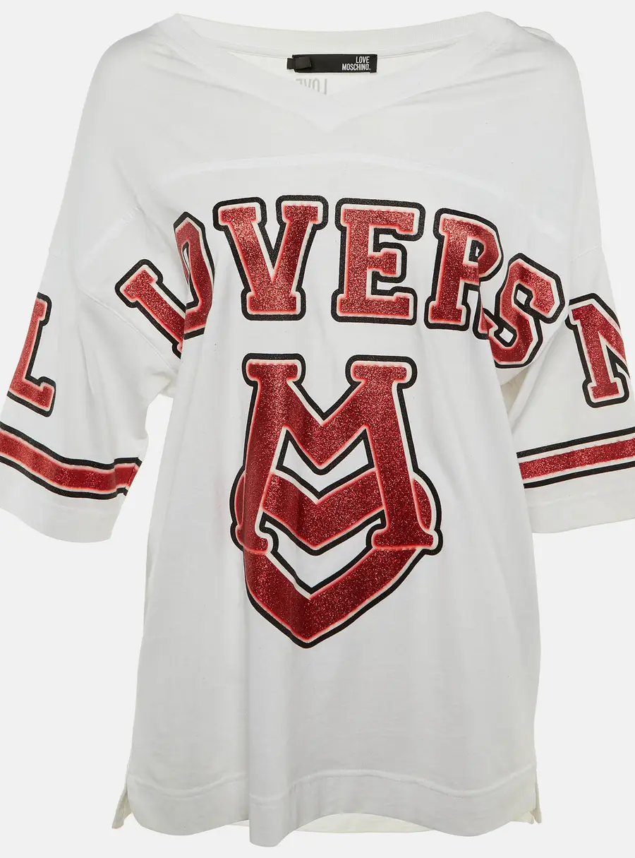 Love Moschino White Lovers Glitter Print Cotton Oversized T-Shirt S