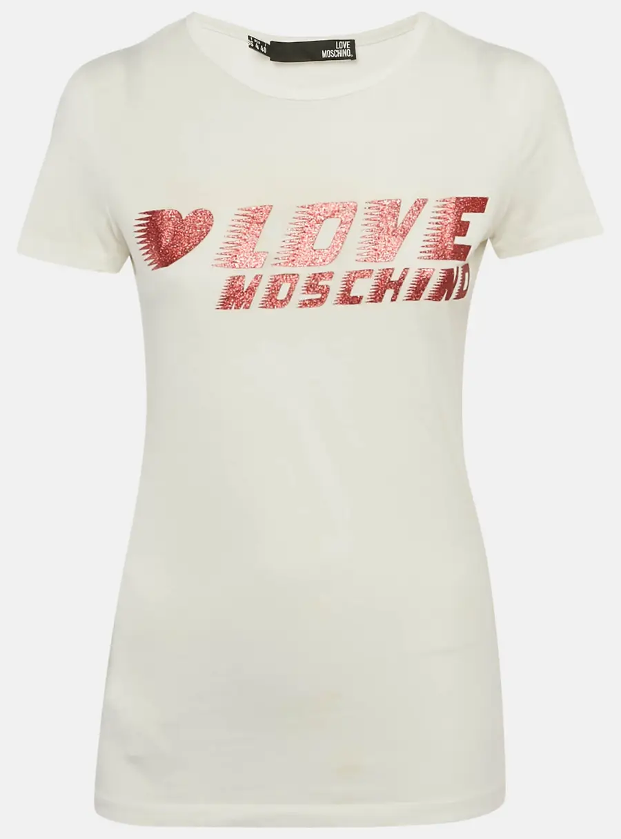 Love Moschino White Glitter Logo Printed Cotton Knit T-Shirt S