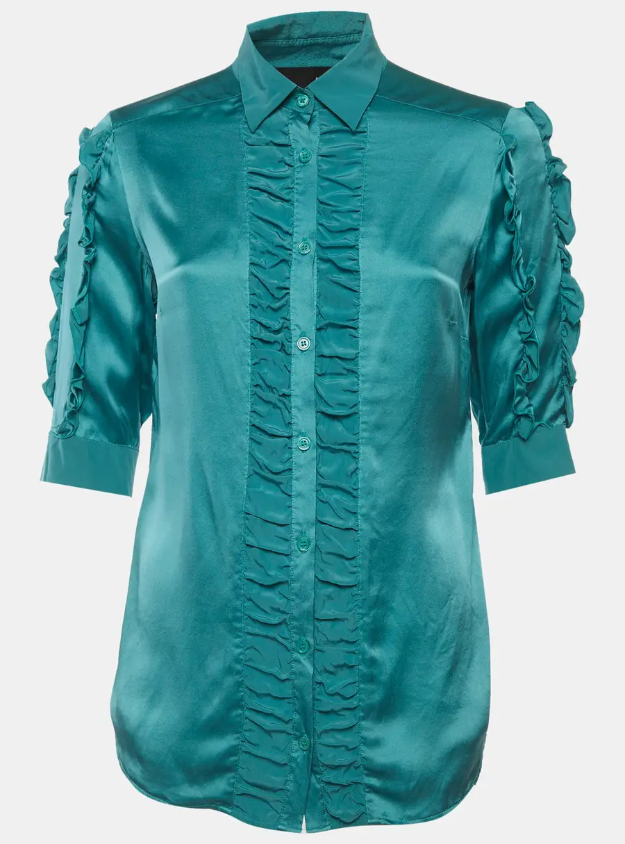 Love Moschino Teal Blue Ruffled Satin Shirt S