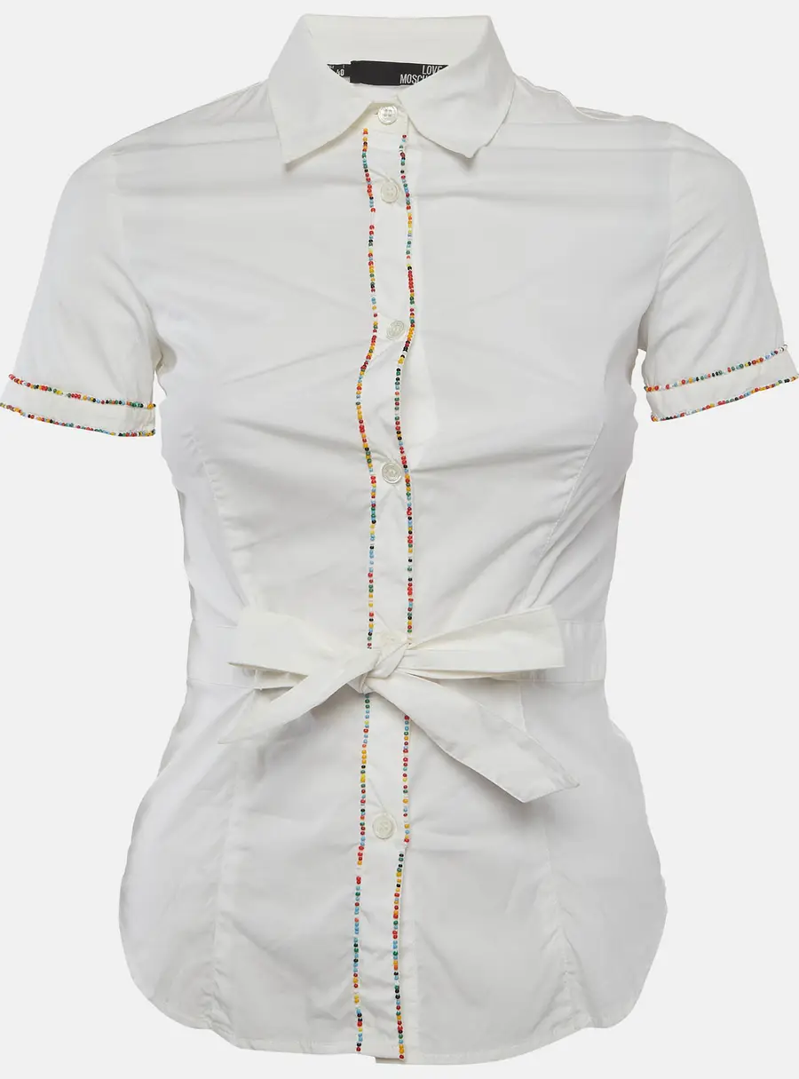 Love Moschino White Beaded Cotton Belted Shirt S