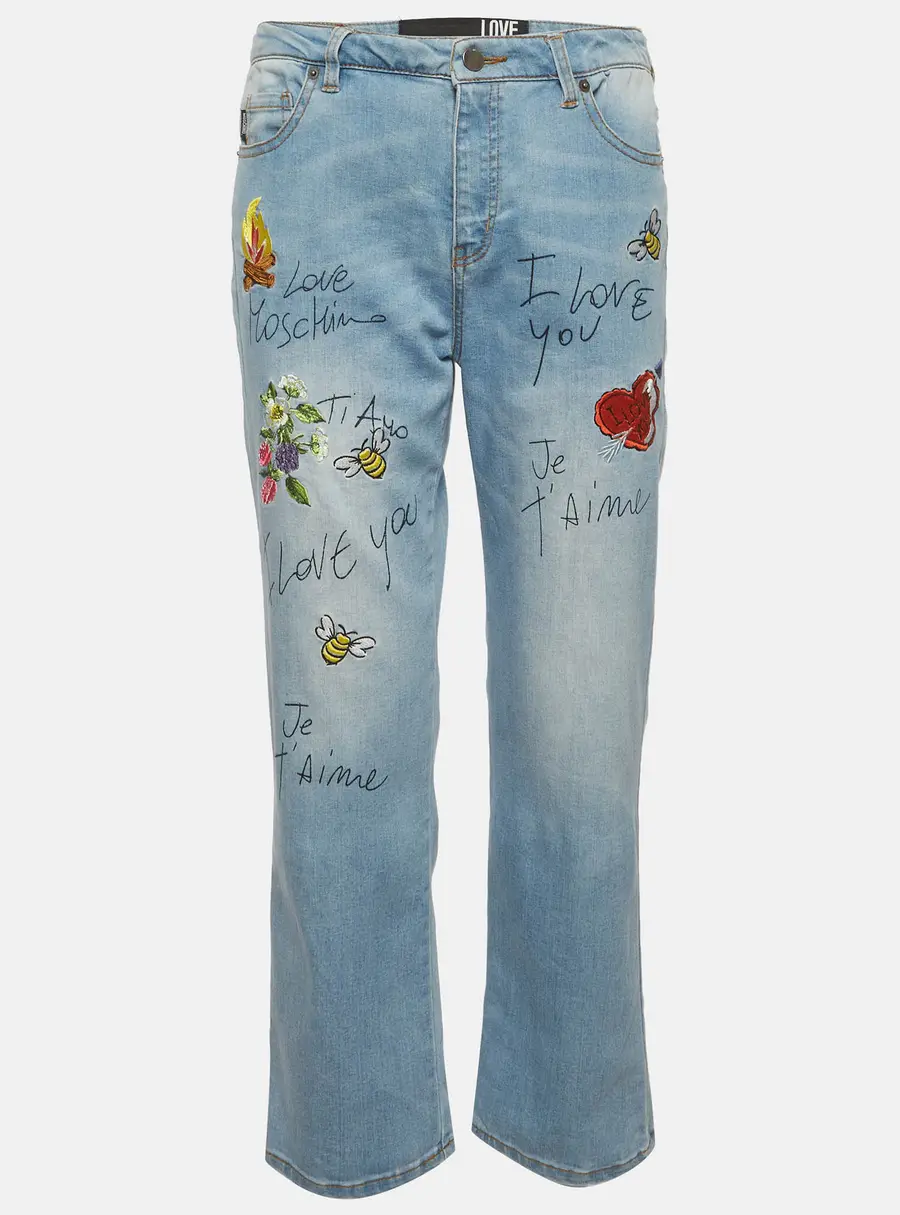 Love Moschino Blue Love Applique and Print Denim Cropped Jeans M/Waist 30"