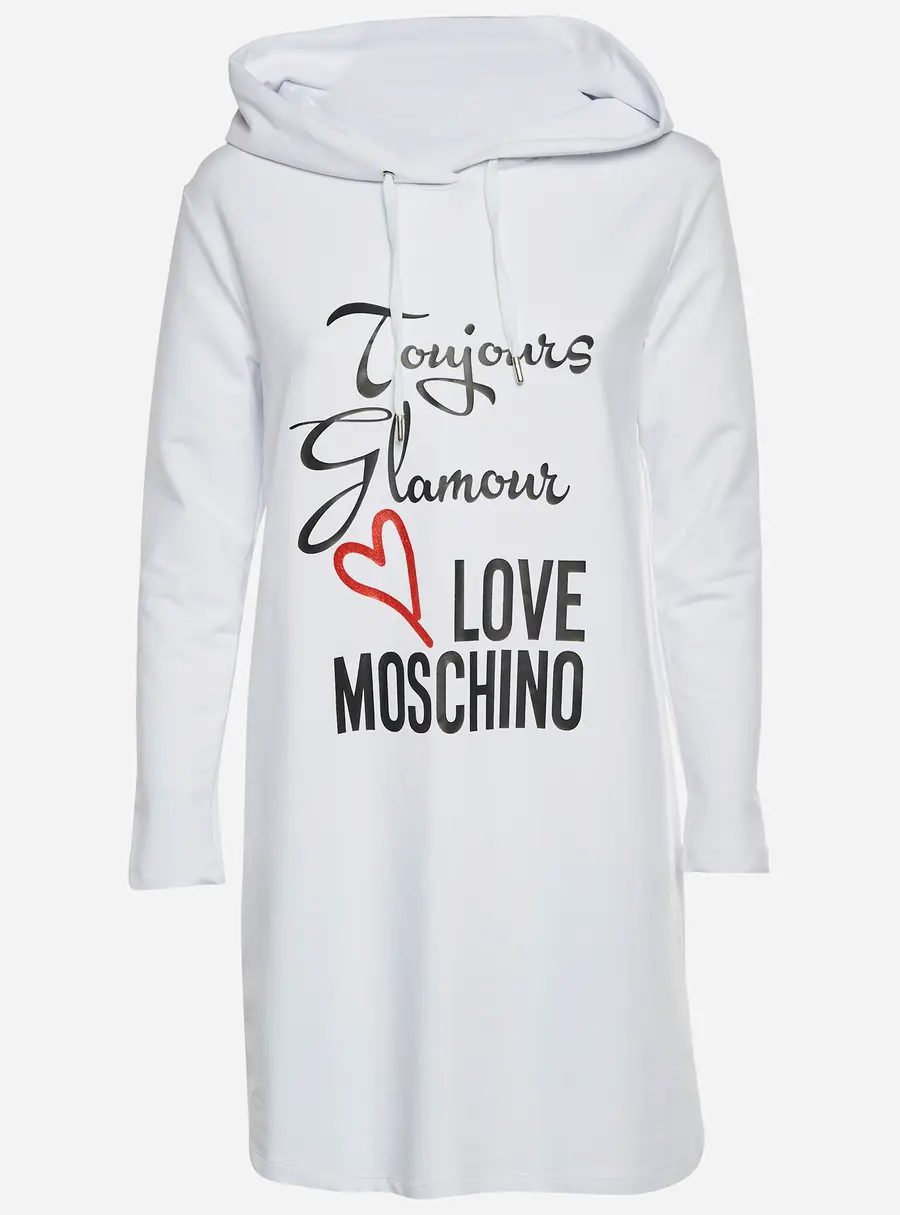 Love Moschino White Logo Print Cotton Knit Hooded Sweatshirt Dress S