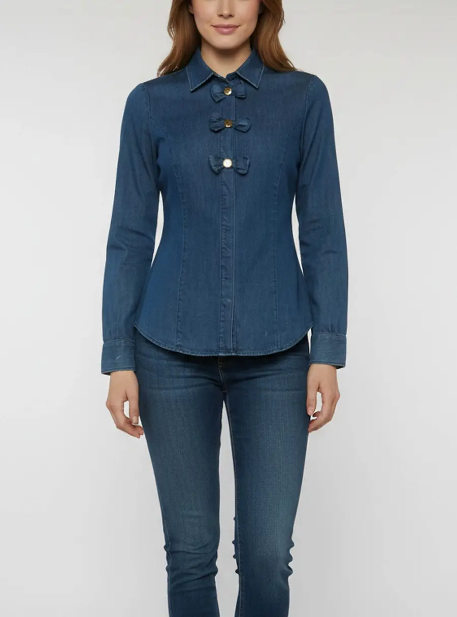Love Moschino Blue Bow Embellished Chambray Shirt M