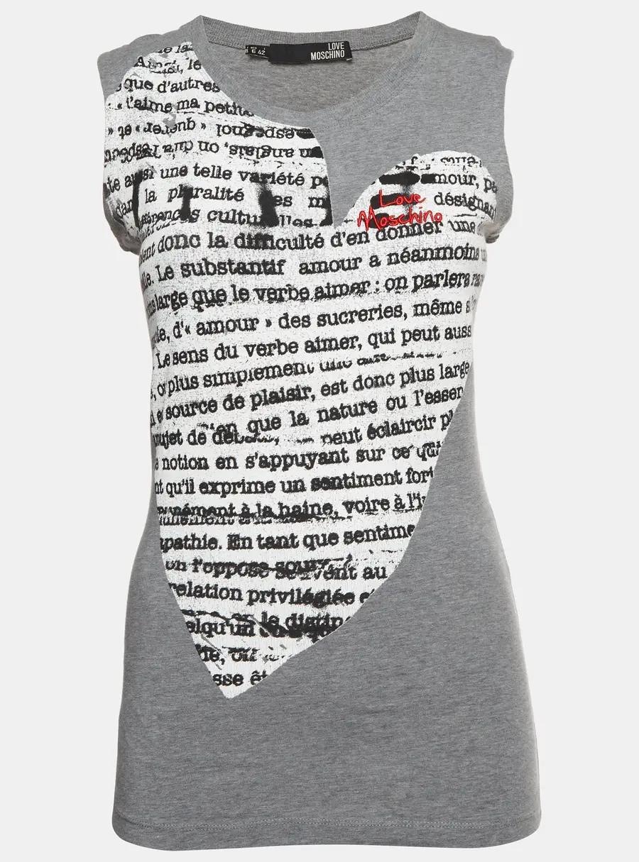 Love Moschino Grey Logo Embroidered Script Heart Print Jersey Tank Top M