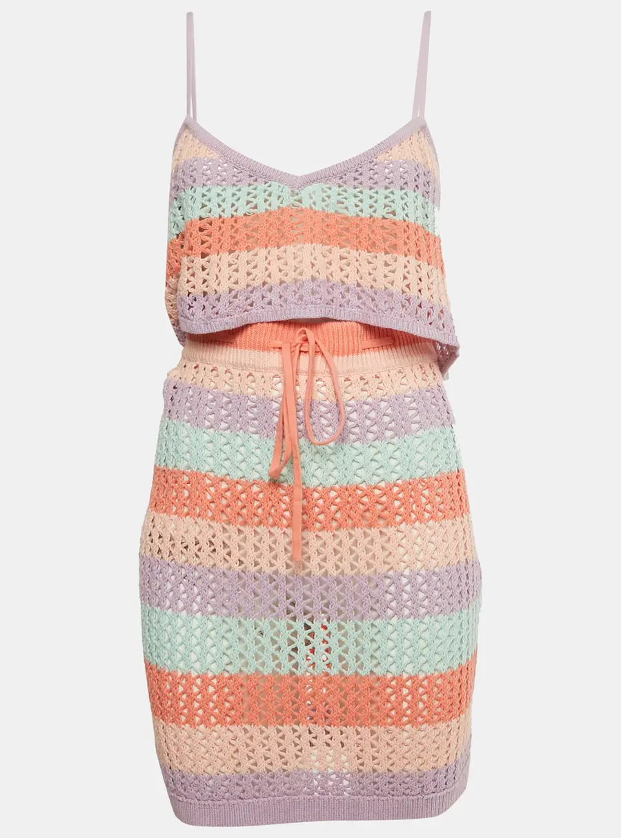 Lovers + Friends Pink/Blue Striped Crochet Skirt and Top L