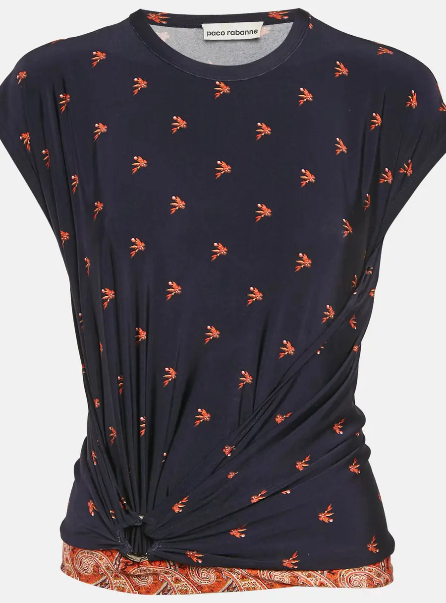 Paco Rabanne Navy Blue Printed Jersey Knot Detail Top S