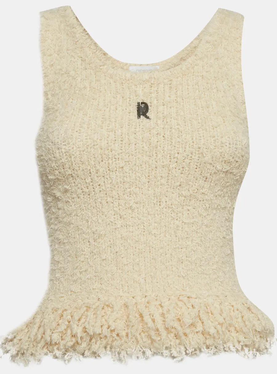 Paco Rabanne Cream Knit Logo Plaque Fringed Top XS