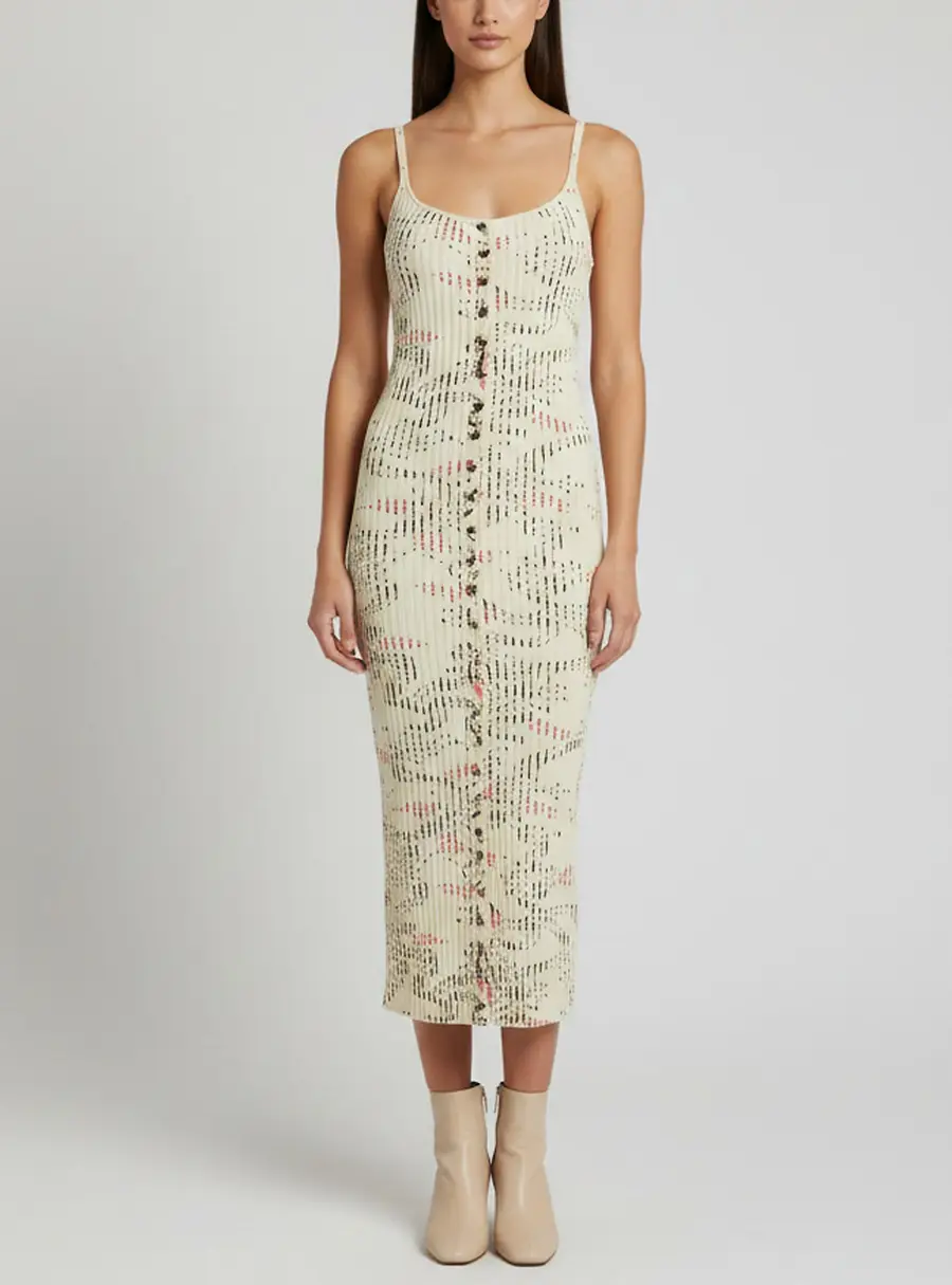Paco Rabbane Cream Floral Print Rib Knit Midi Dress M