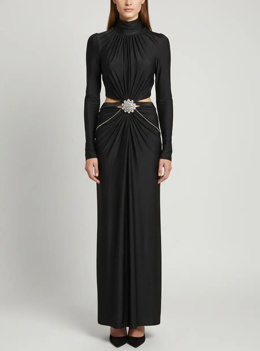 Paco Rabanne Black Jersey Back Open High Neck Maxi Dress M