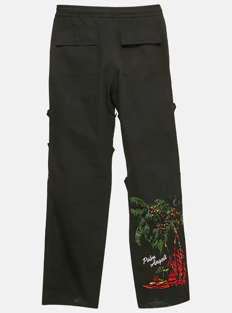Palm Angels Black Embroidered Cotton Upside Down Palm Trousers S