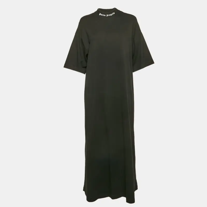 Palm Angels Black Logo Print Neck Jersey Midi T-Shirt Dress XS