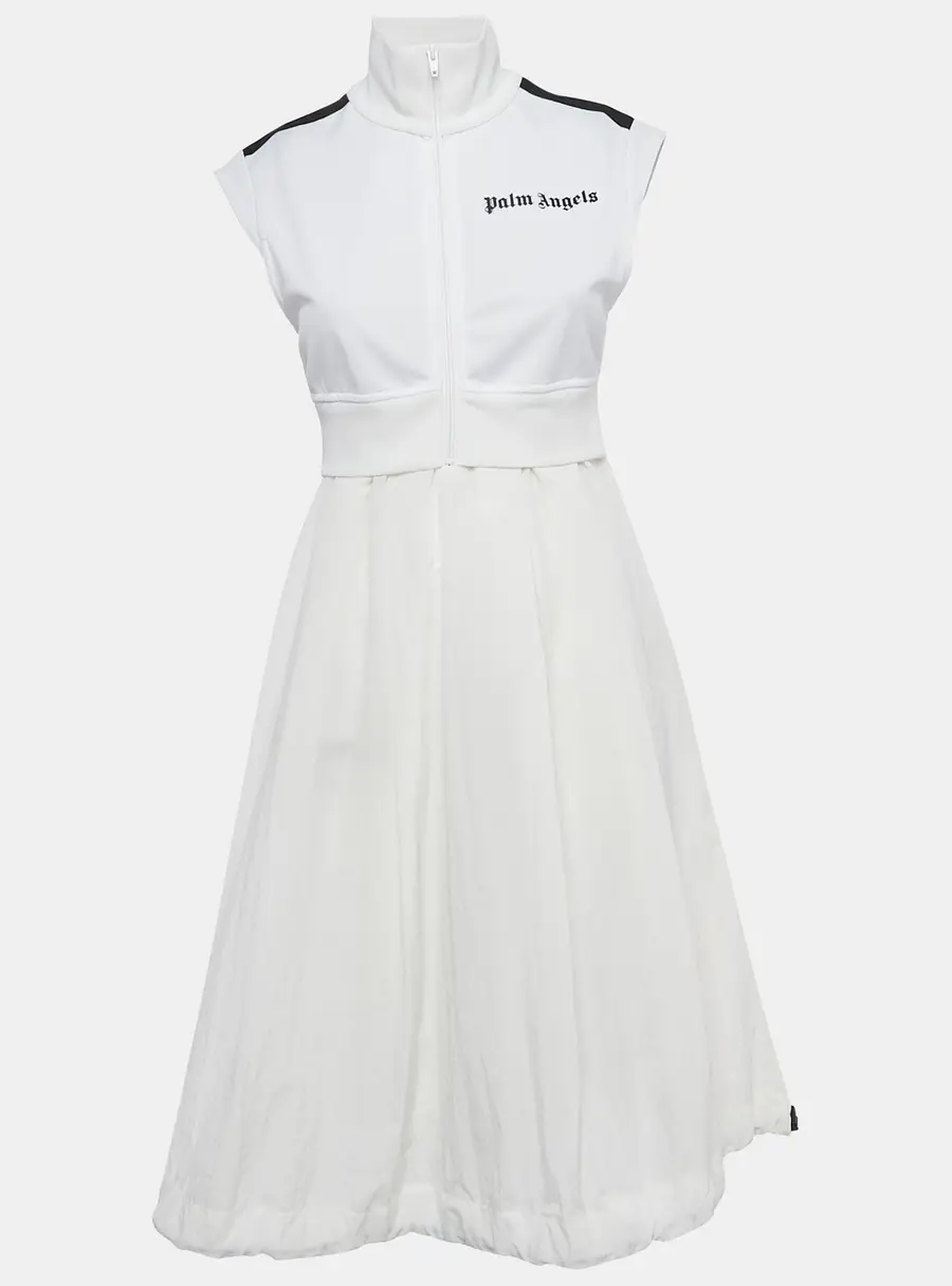 Palm Angels White Logo Print Jersey and Nylon Midi Dress S