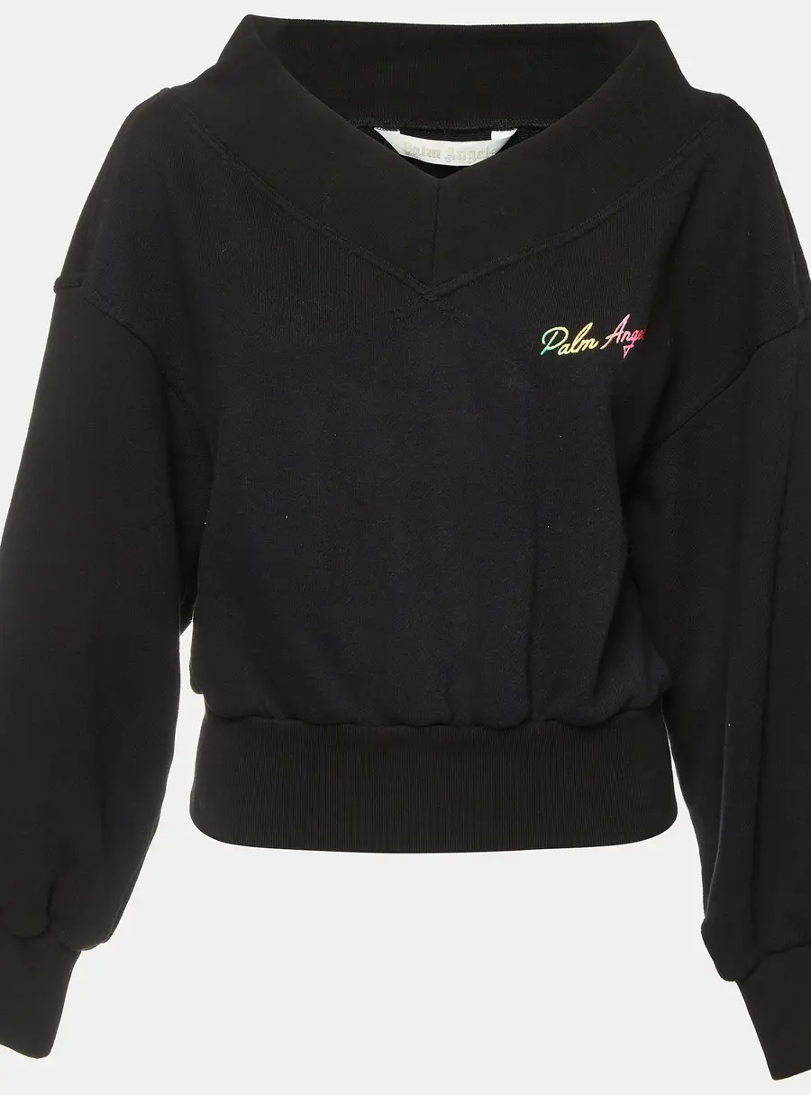 Palm Angels Black Embroidered Logo Off Shoulder Crewneck Sweatshirt S