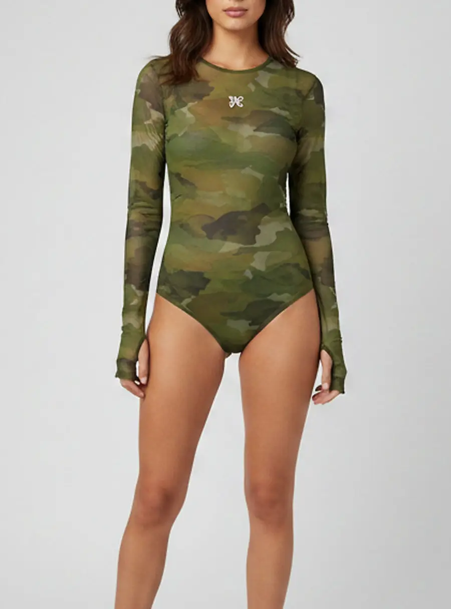 Palm Angels Green Logo Embroidered Camouflage Sheer Mesh Bodysuit S