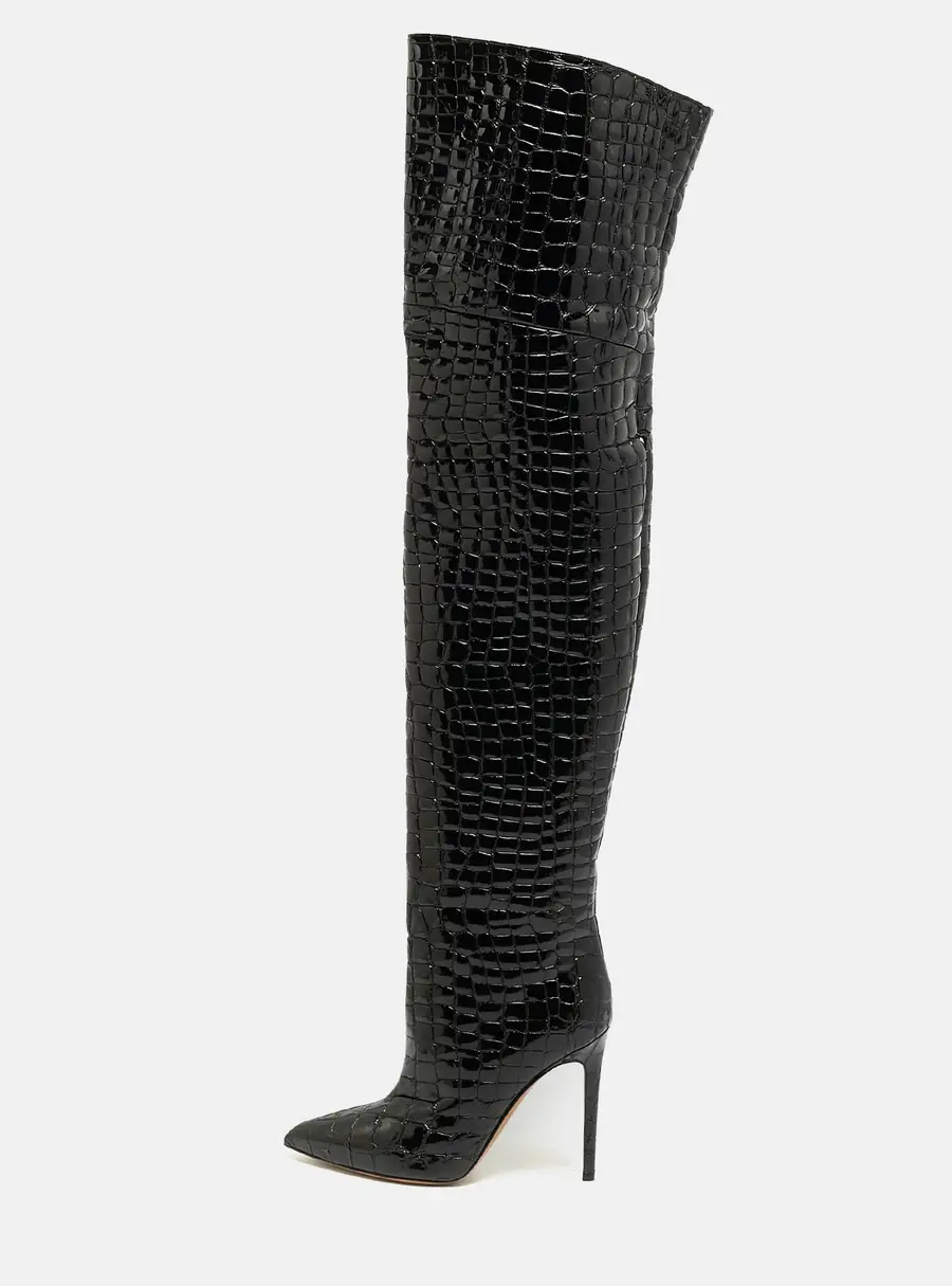 Paris Texas Deia Size 37 Black Croc Embossed Leather and Suede Over The Knee Boots