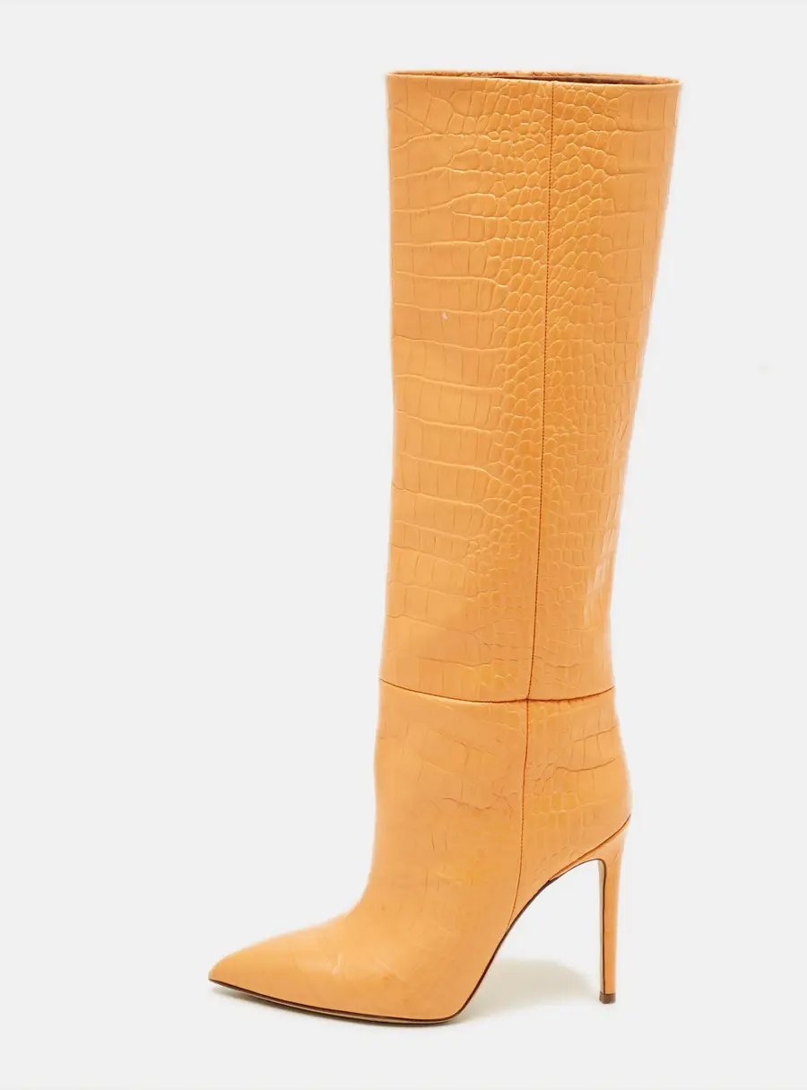 Paris Texas Size 38 Orange Croc Embossed Leather Knee Length Boots