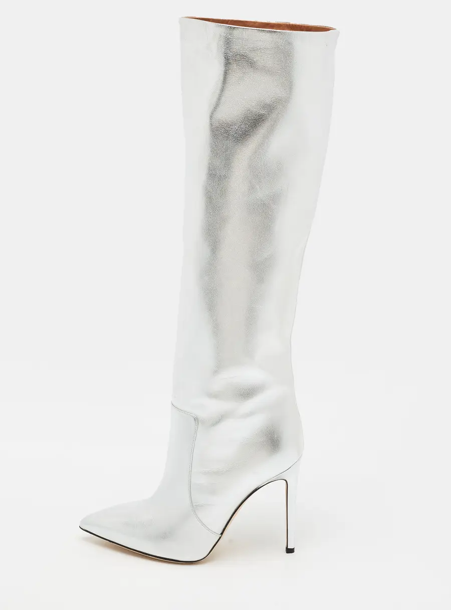 Paris Texas Size 37.5 Silver Leather Knee Length Boots