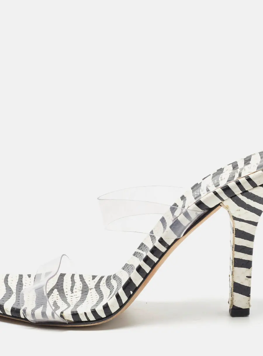 Paris Texas Bella Size 39.5 White/Black Zebra Print Python Embossed and PVC Slide Sandals