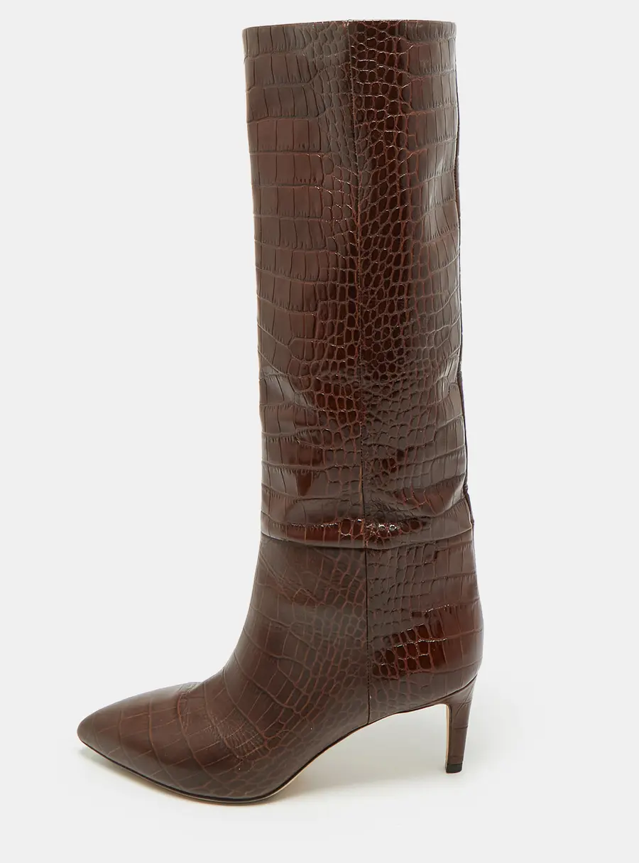 Paris Texas Size 37.5 Brown Croc Embossed Leather Knee Length Boots