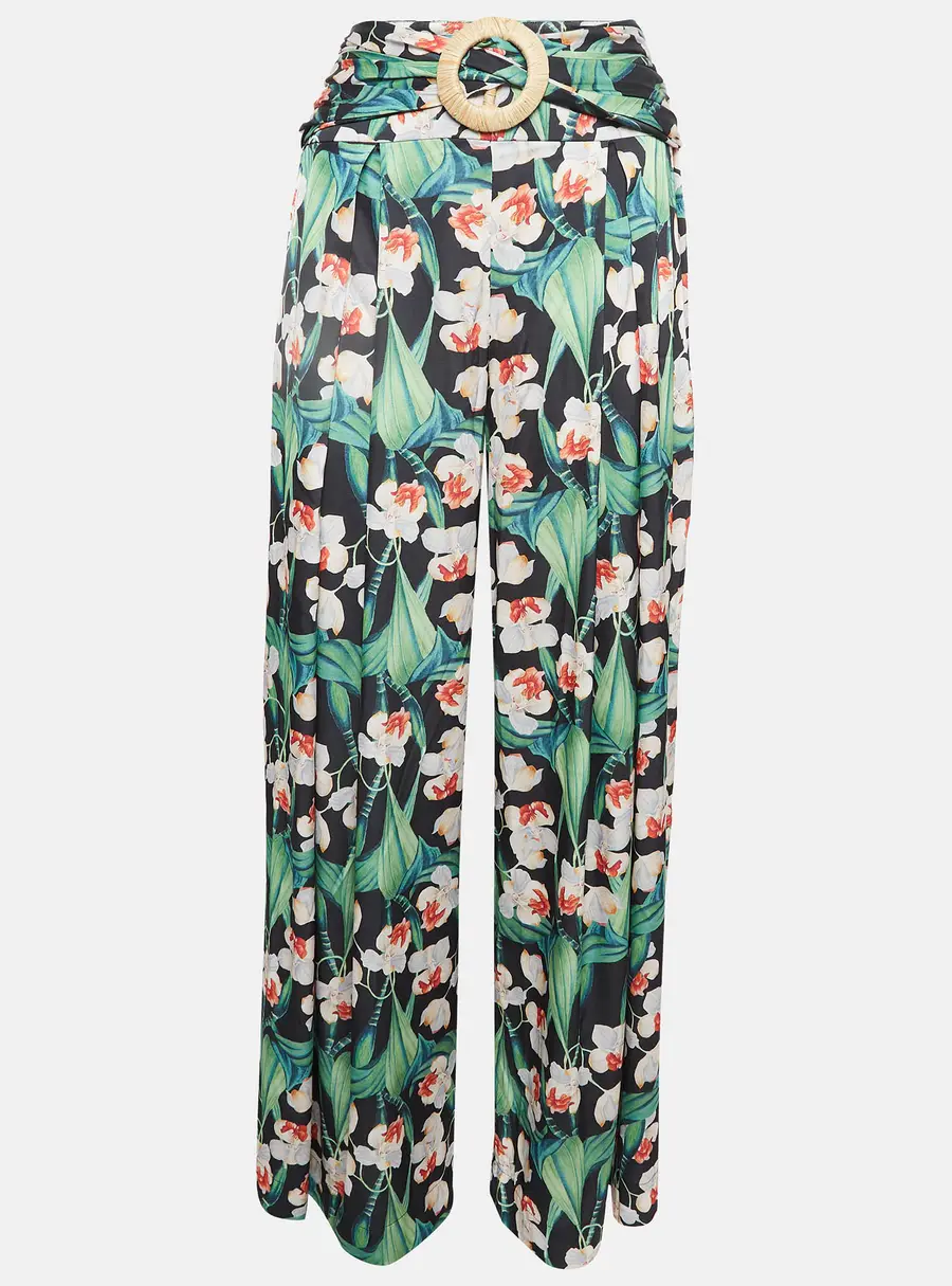 PATBO Black Floral Print Satin Belted Wide-Leg Pants S
