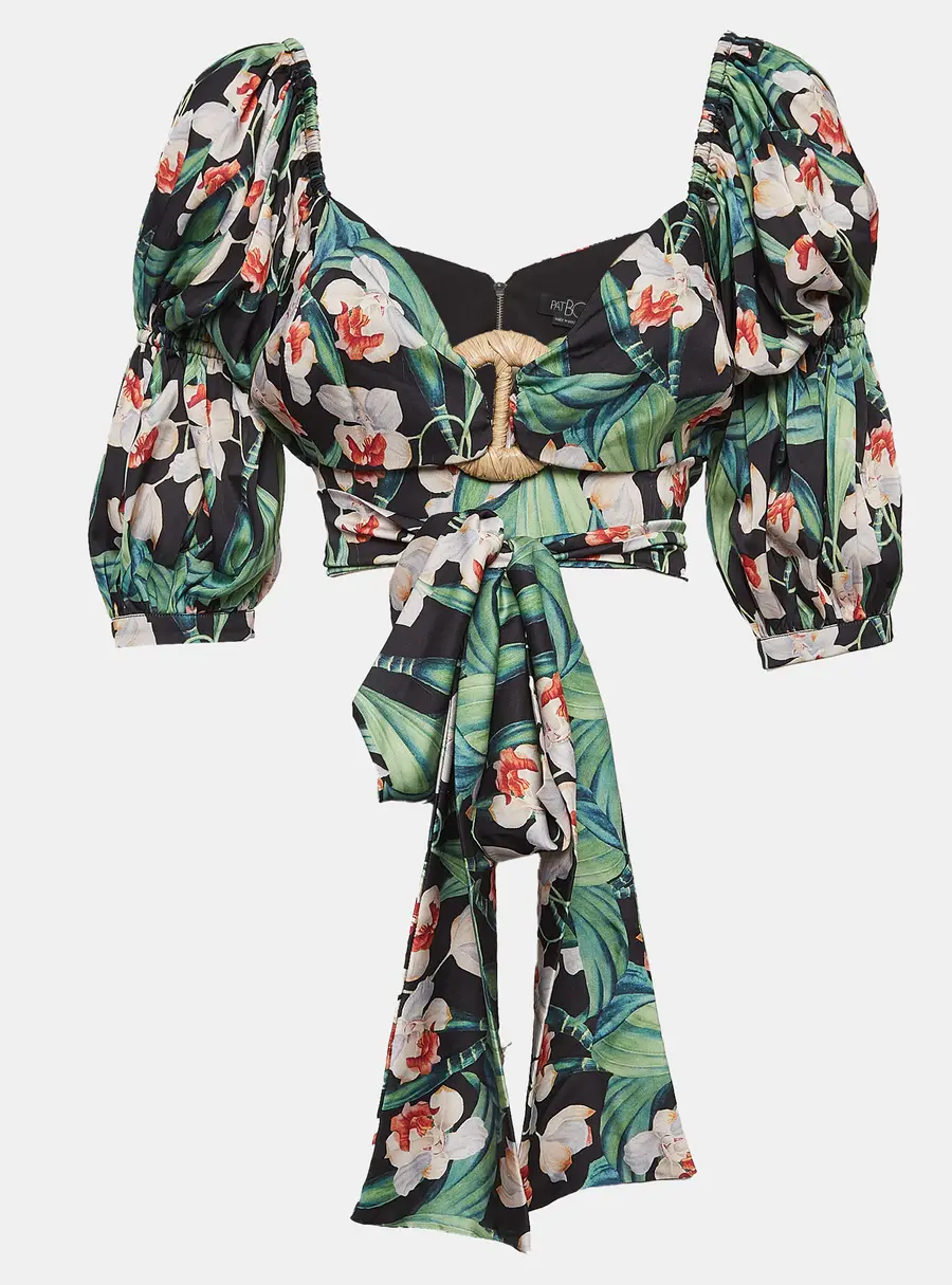PATBO Green Floral Print Satin Off-Shoulder Tie-Up Top L