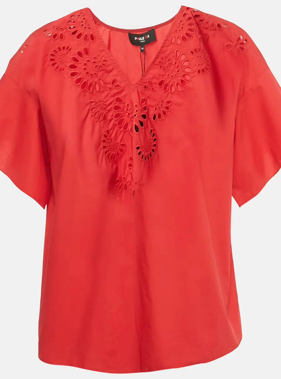 Paule Ka Red Embroidered Cotton Blouse L