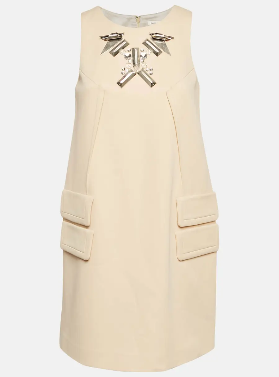 Paule Ka Cream Metal Embellished Stretch Crepe Mini Shift Dress S