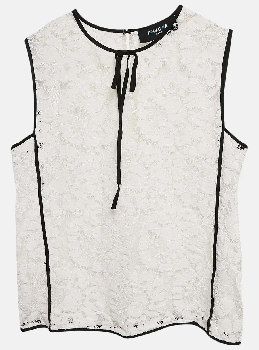 Paule Ka White Floral Lace Sleeveless Top M
