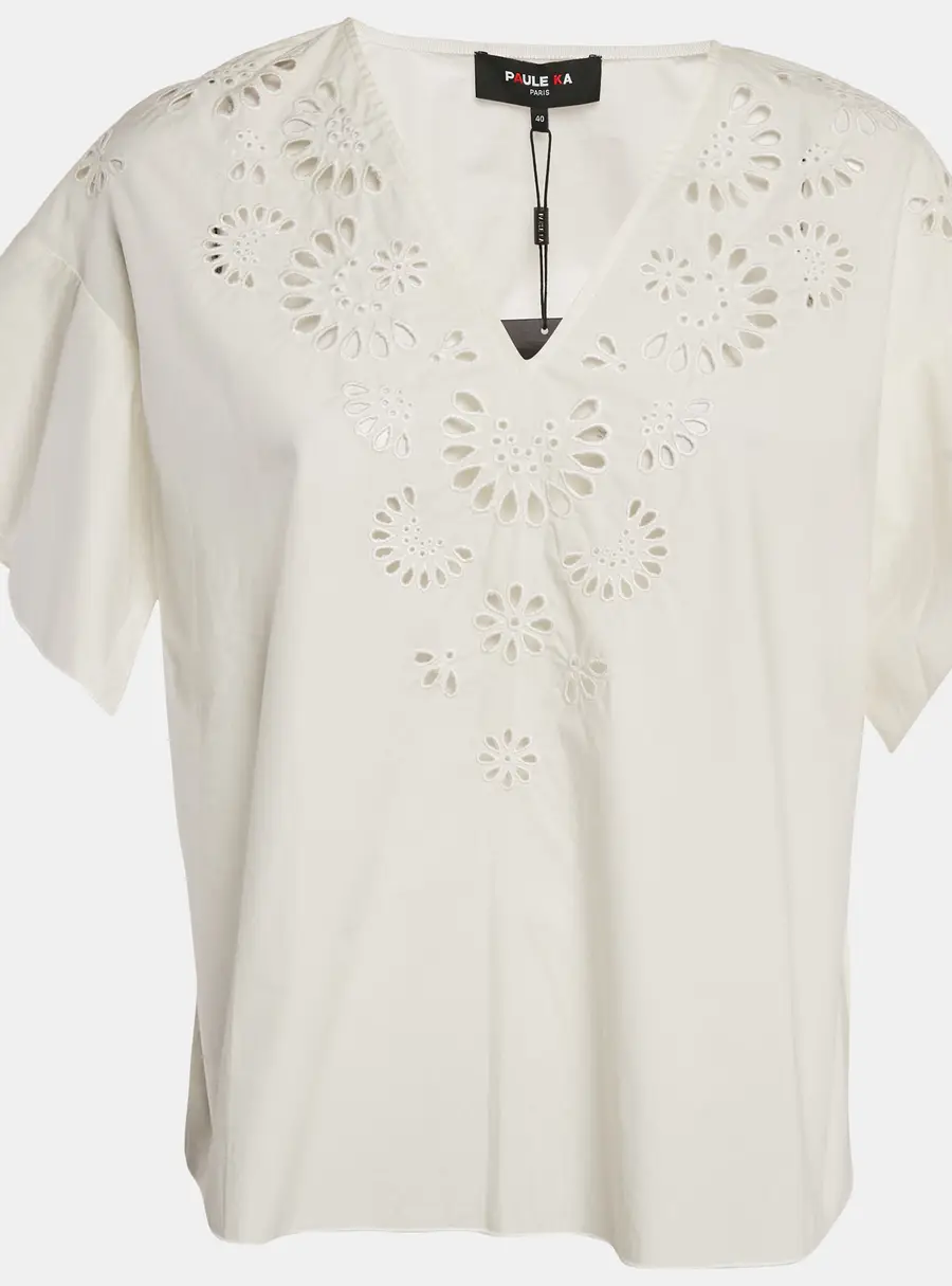 Paule Ka Off-White Floral Embroidery Cotton Top M