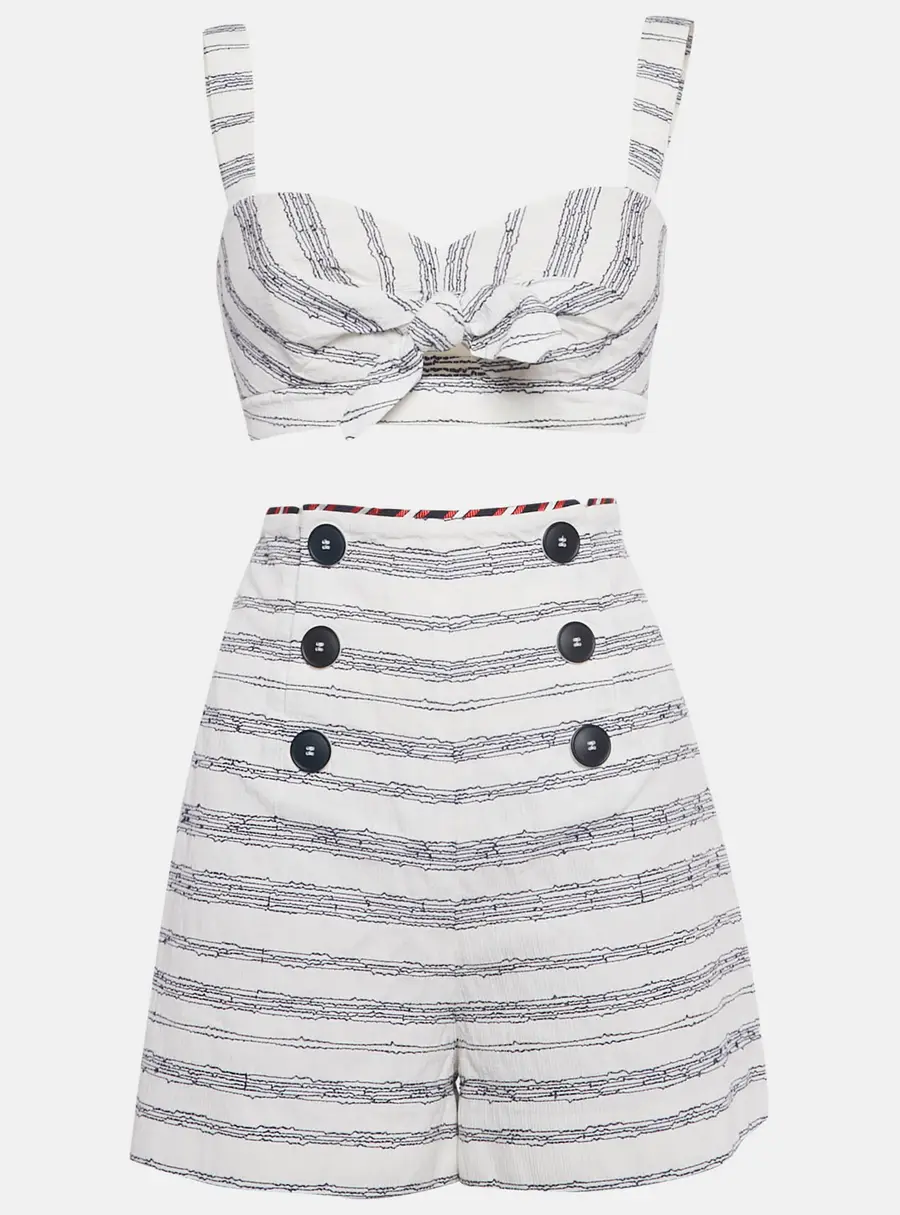 Paule Ka White/Blue Embroidered Stripe Cotton Top & Shorts Set L/M