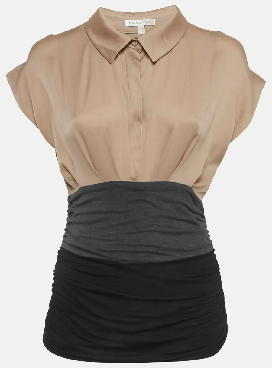 Paule Ka Beige/Black Satin and Jersey Ruche Top S