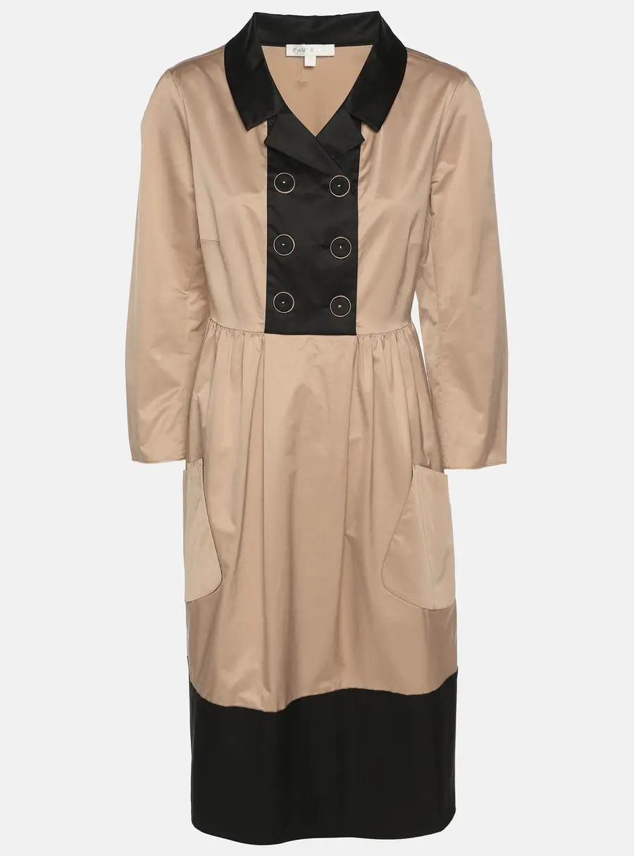 Paule Ka Beige/Black Satin Long Sleeve Shirt Midi Dress M
