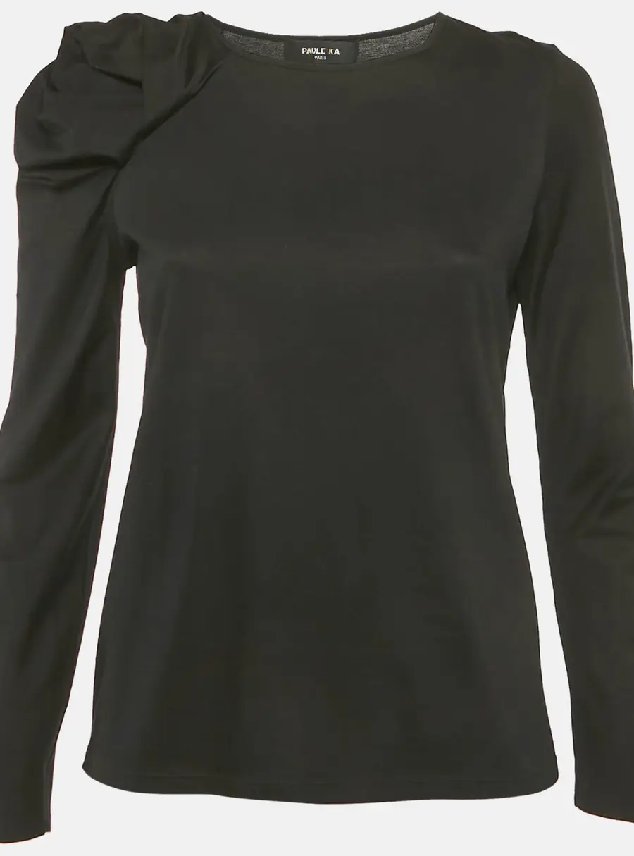 Paule Ka Black Cotton Ruched Sleeve Top L