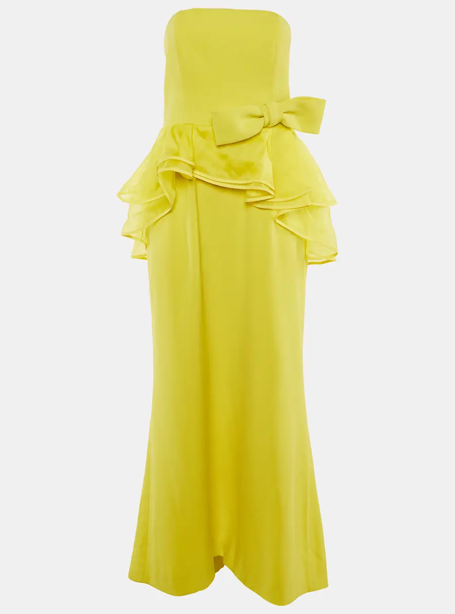 Paule Ka Yellow Crepe Bow & Asymmetric Frill Detail Strapless Maxi Dress L