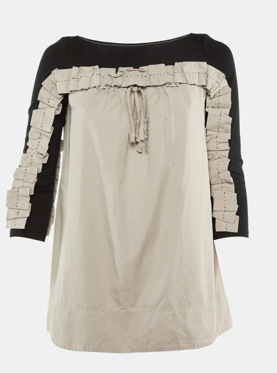 Paule Ka Black /Beige Cotton Ruched Detail Top S