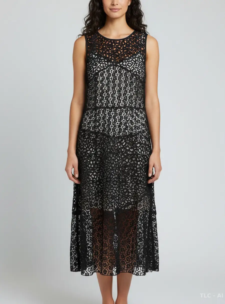 Paule Ka Black Guipure Lace Sheer Sleeveless Midi Dress L