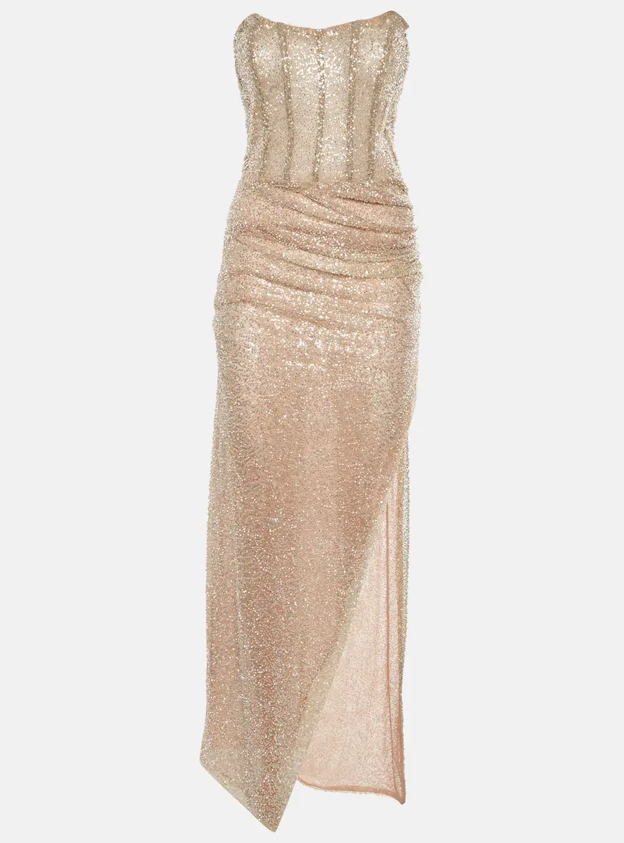 Penna Beige Bead Embellished Sequins Ruched Slit Maxi Dress S