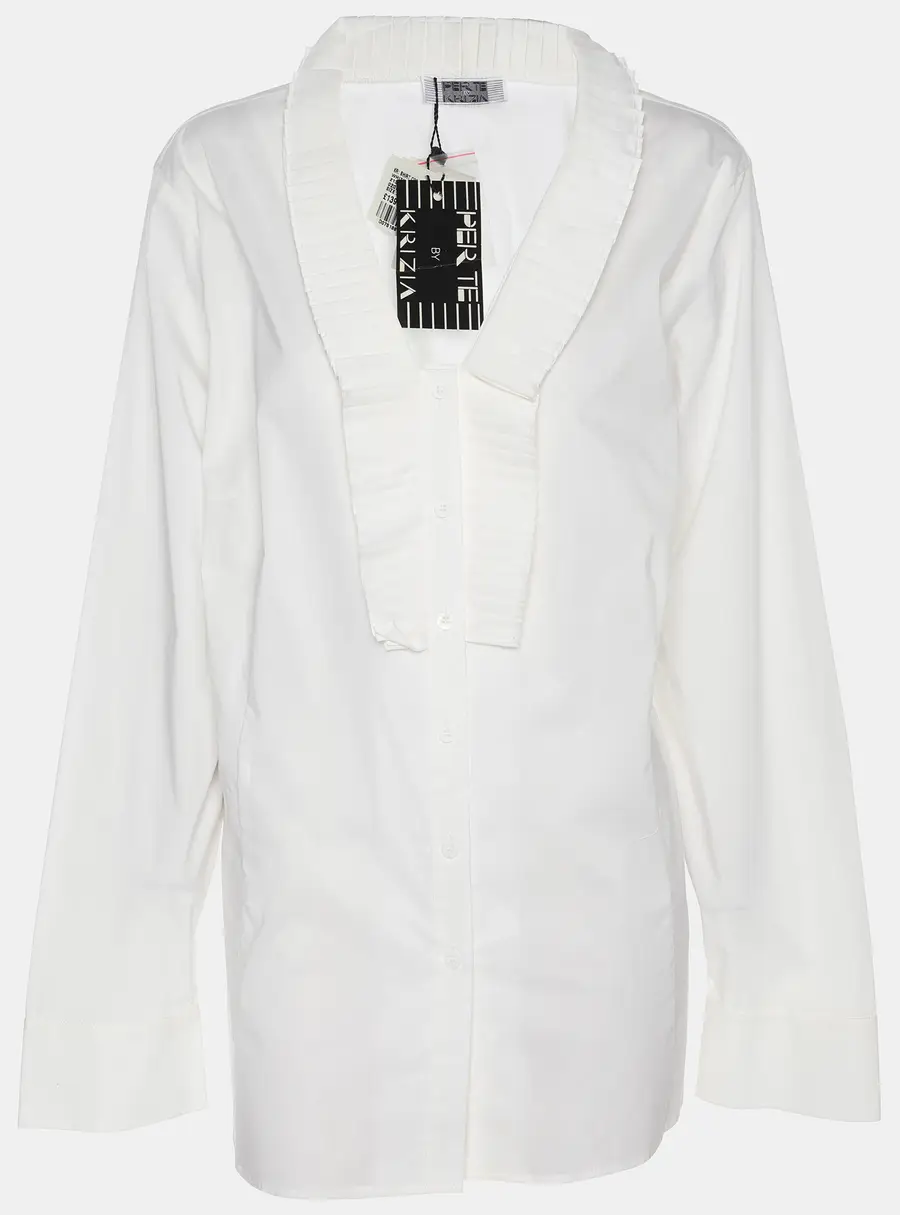 Perte by Krizia White Cotton Blend Ruffle Front Long Sleeve Shirt L