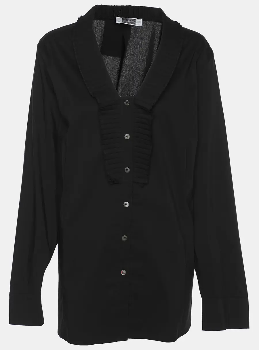 Perte by Krizia Black Cotton Blend Ruffle Front Long Sleeve Shirt L
