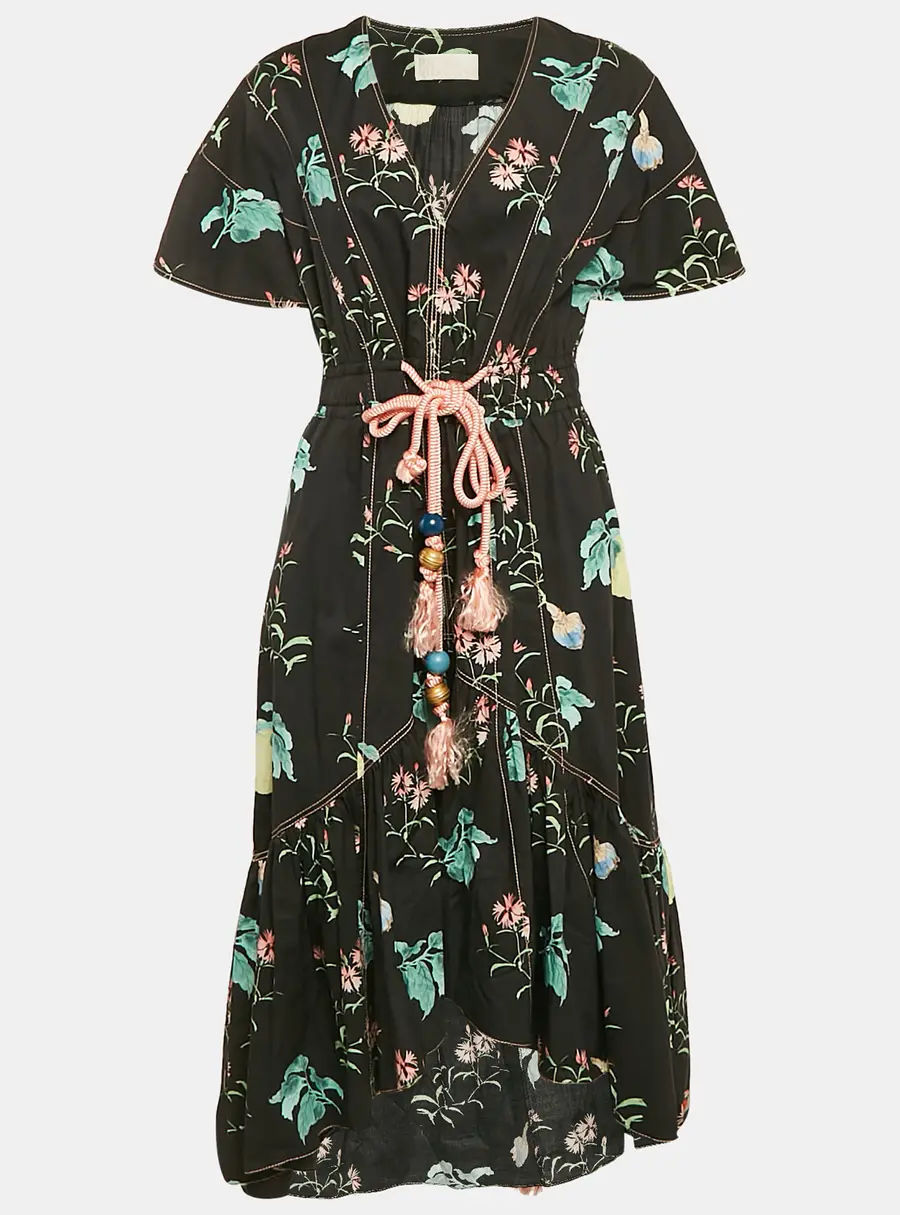 Peter Pilotto Navy Blue Floral Print Asymmetric Flounce Midi Dress M