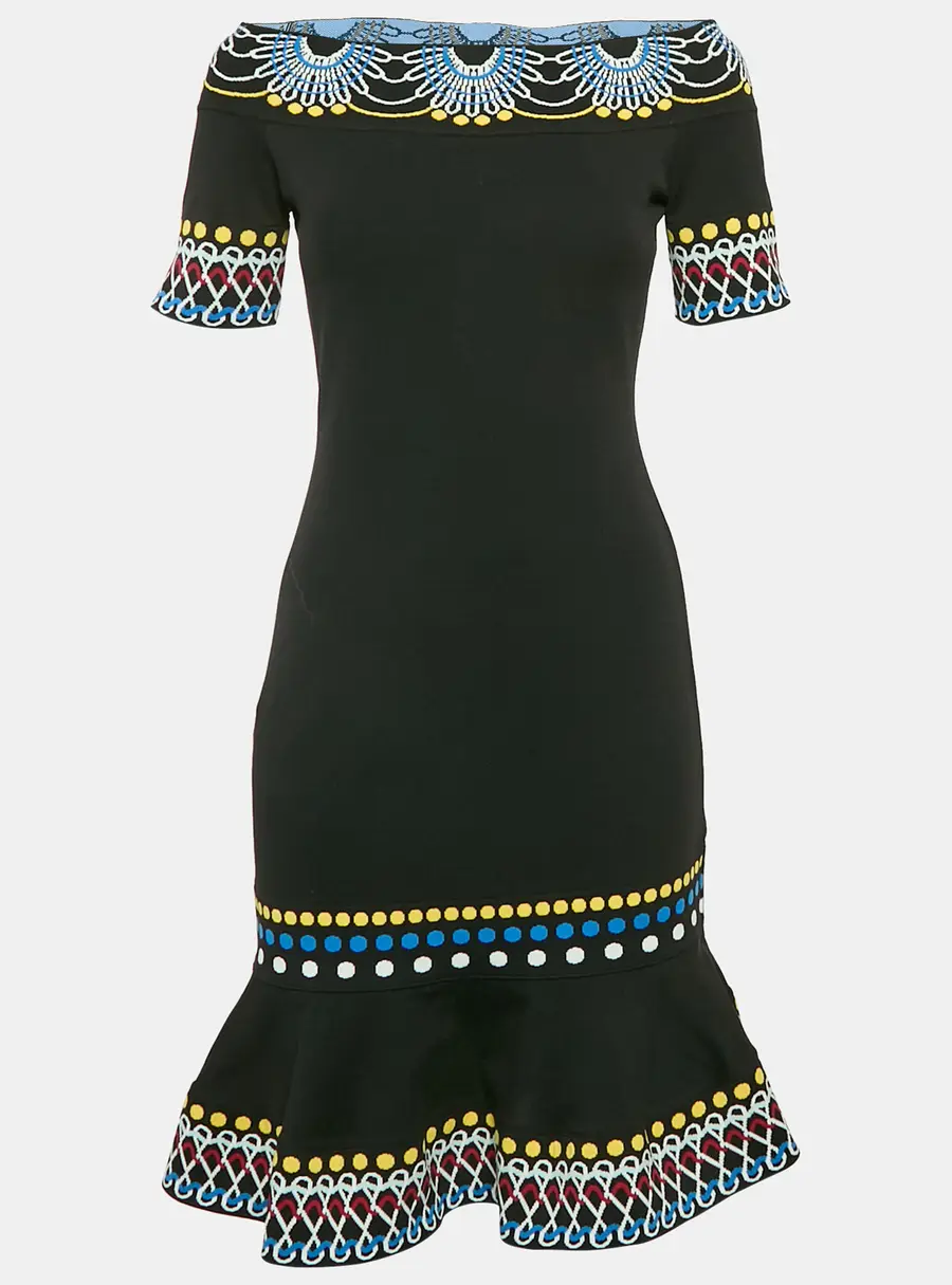 Peter Pilotto Black Knit Pattern Detail Off Shoulder Mini Dress M