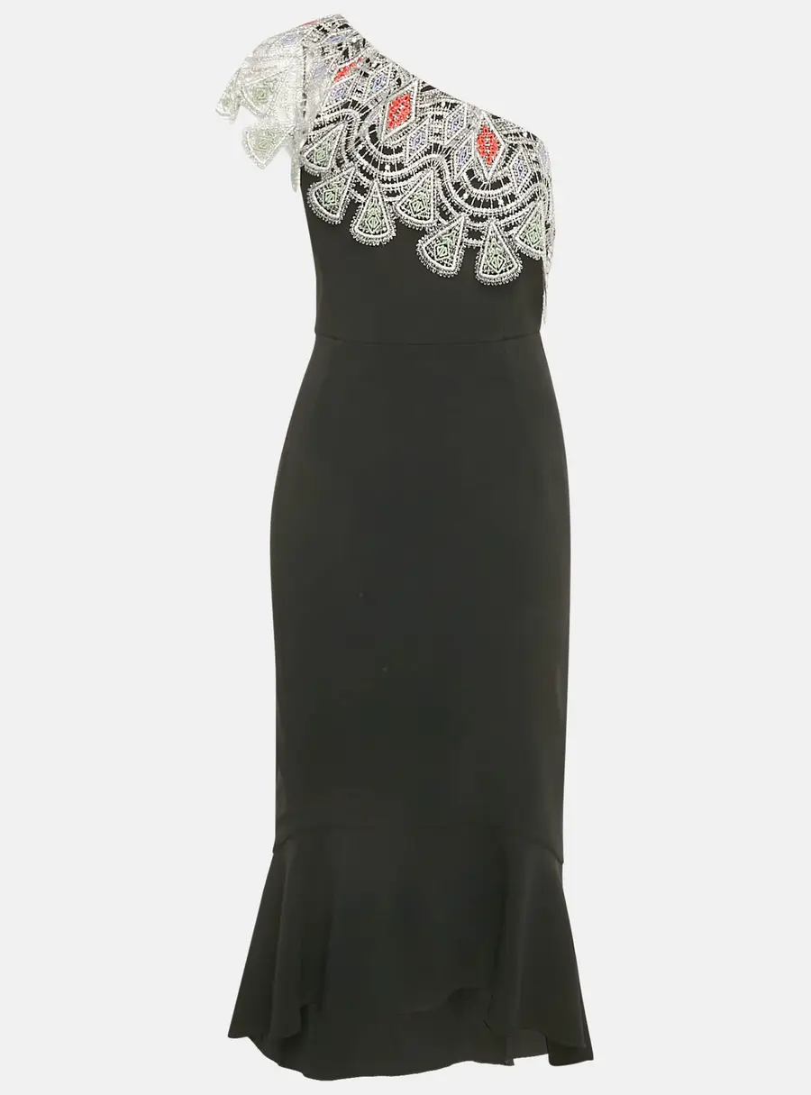 Peter Pilotto Black Crepe Lace Overlay One Shoulder Midi Dress L