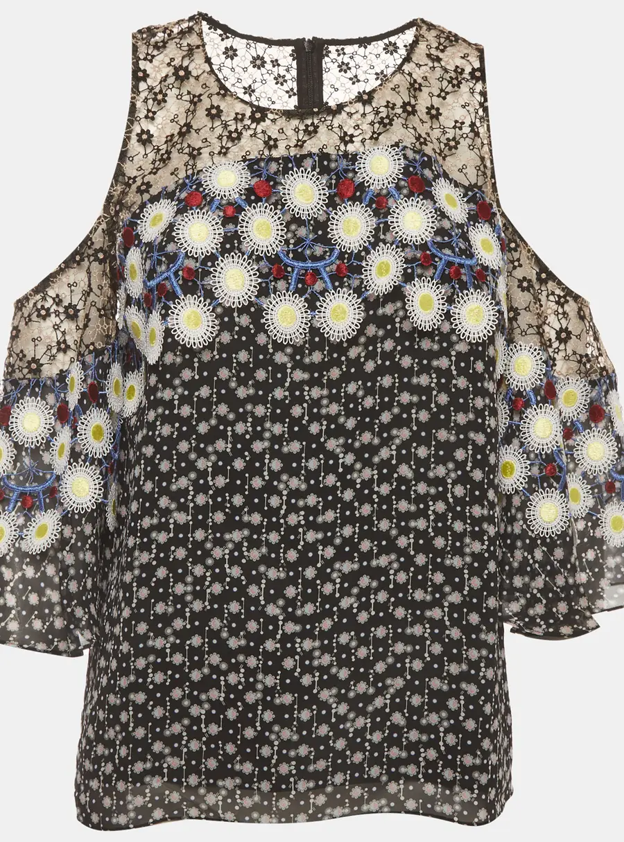 Peter Pilotto Black Floral Print Chiffon and Lace Trim Top L