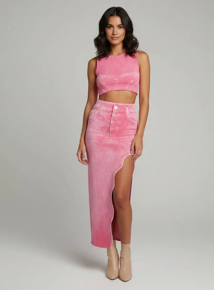 PH5 Pink Denim Print Knit Lily Crop Top and Midi Skirt Set S