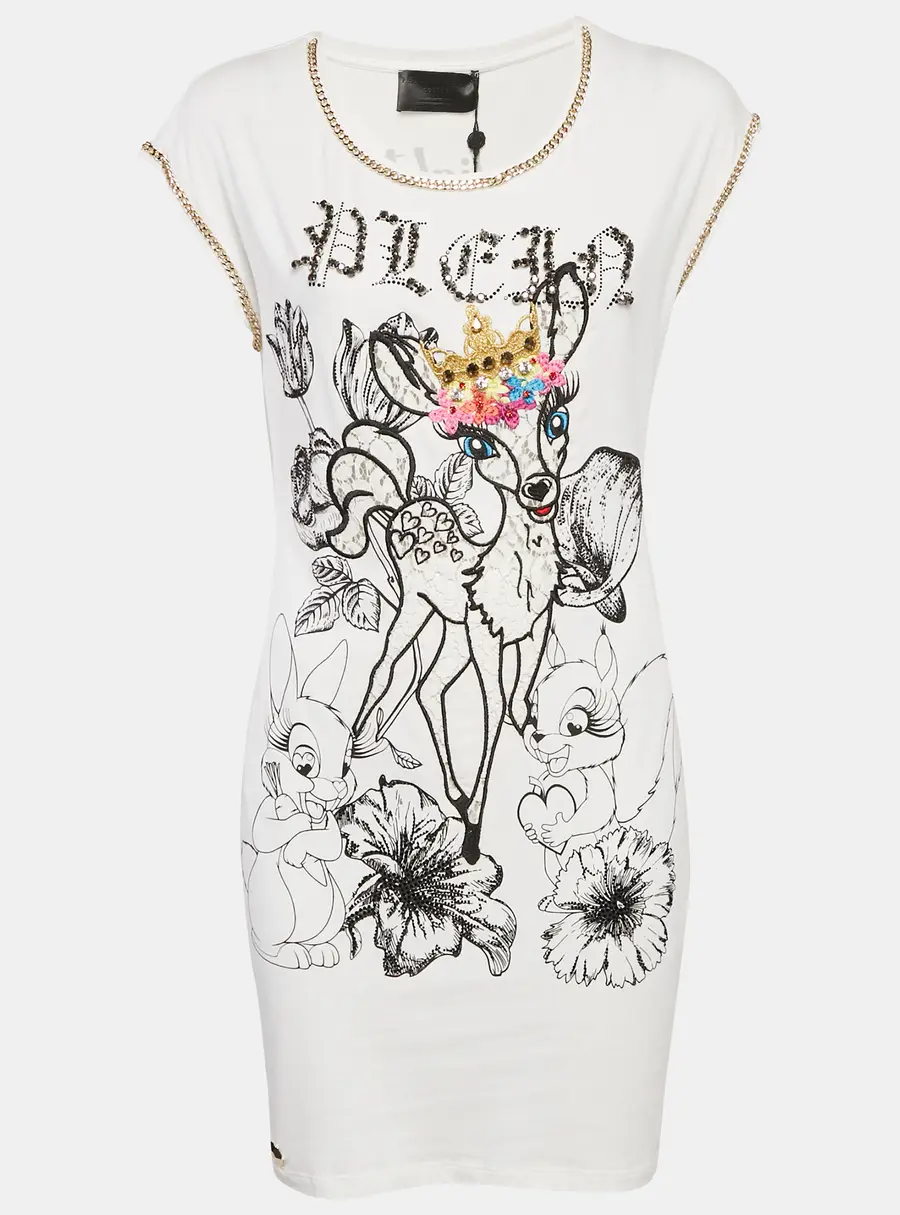 Philipp Plein Couture White Deer Embellished Cotton Mini Dress L